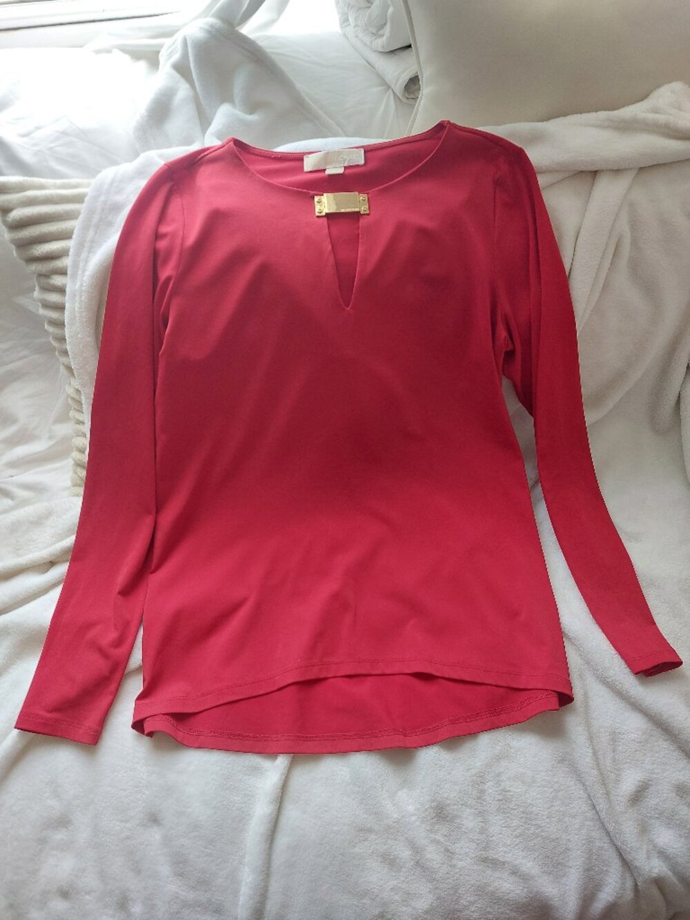 Michael Kors Red Gold Hardware Keyhole Long Sleeve Top S
